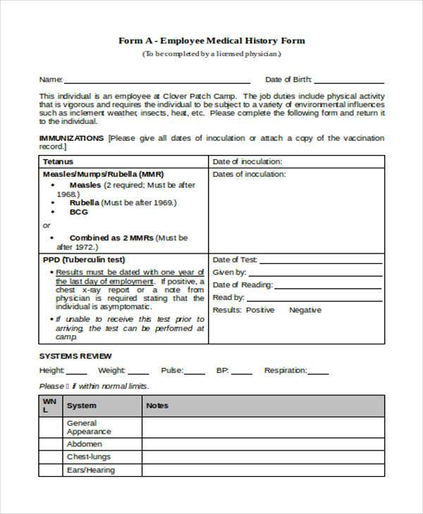 FREE 7 Sample Employee Medical History Forms In PDF MS Word