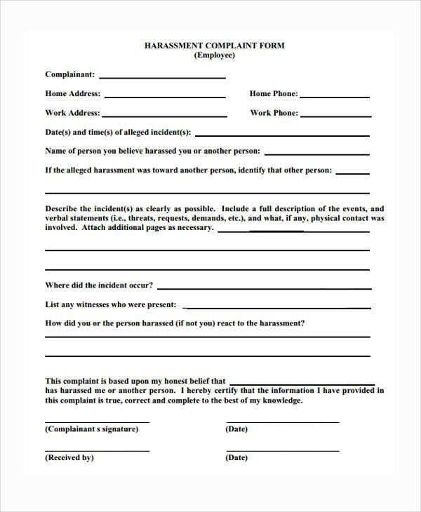 FREE 7 Sample Harassment Complaint Forms In MS Word PDF