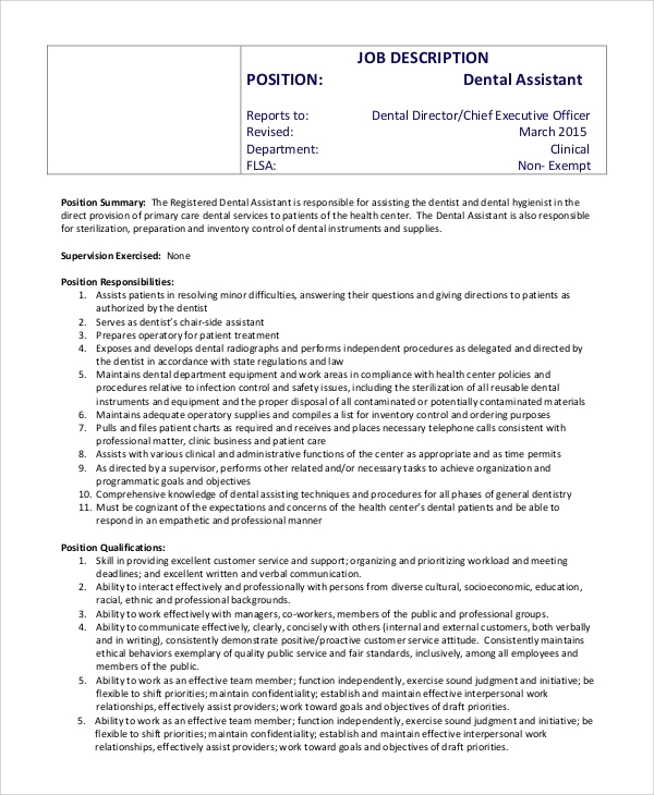 FREE 8 Sample Dental Assistant Job Description Templates In PDF MS Word