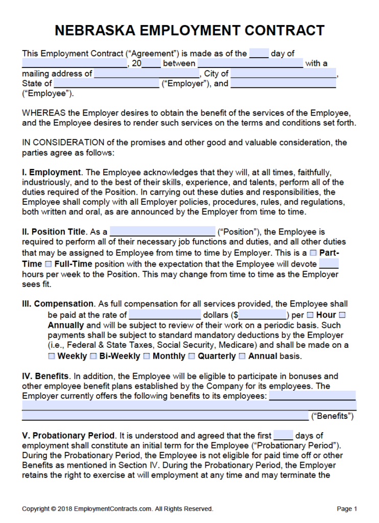 Free Nebraska Employment Contract Template PDF Word