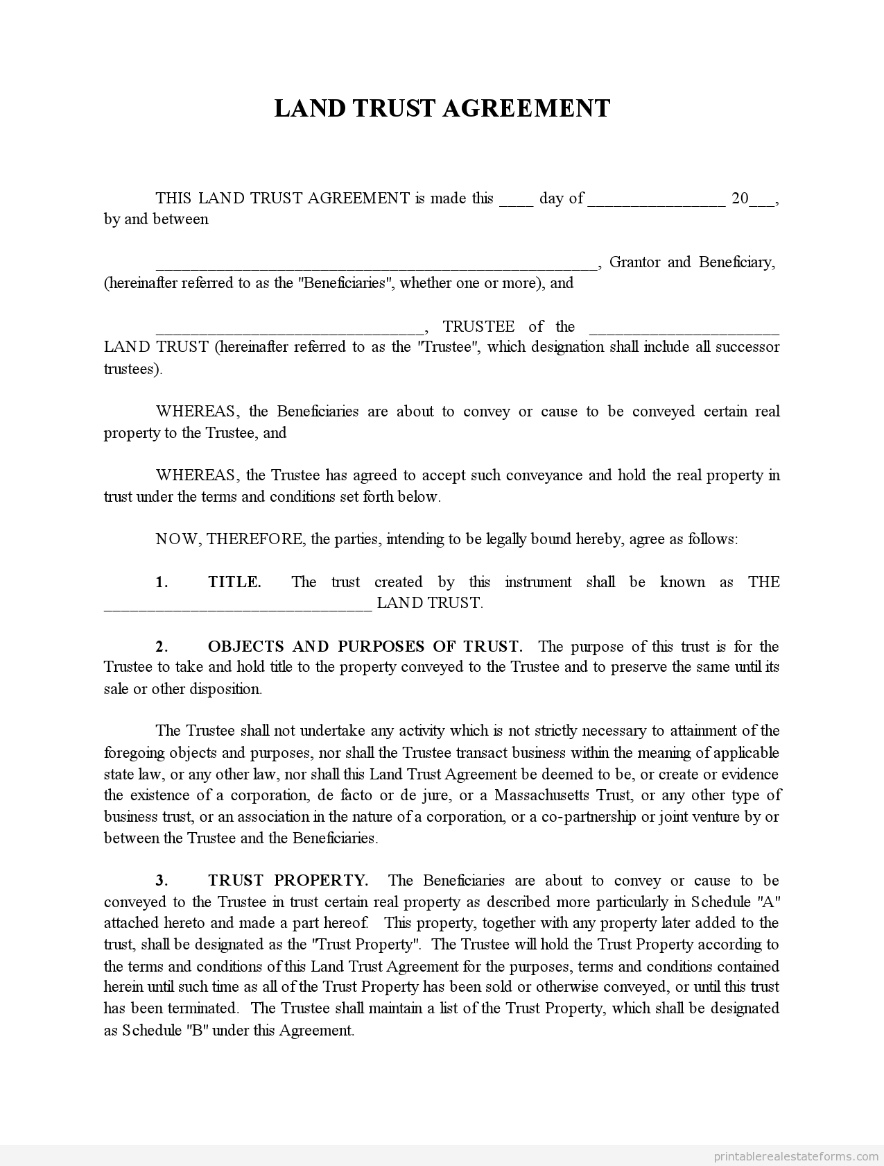 Free Printable Land Trust Agreement Form PDF WORD 