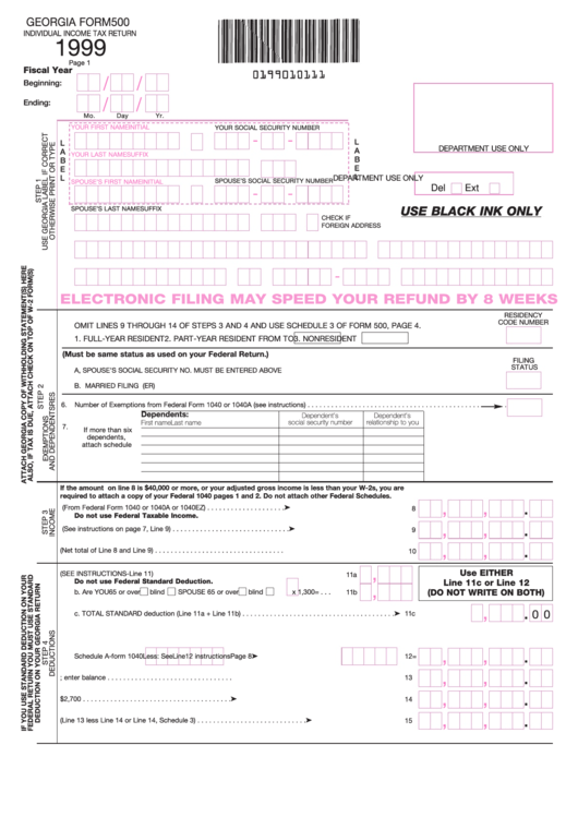 Georgia Form 500 Individual Income Tax Return 1999 Printable Pdf 