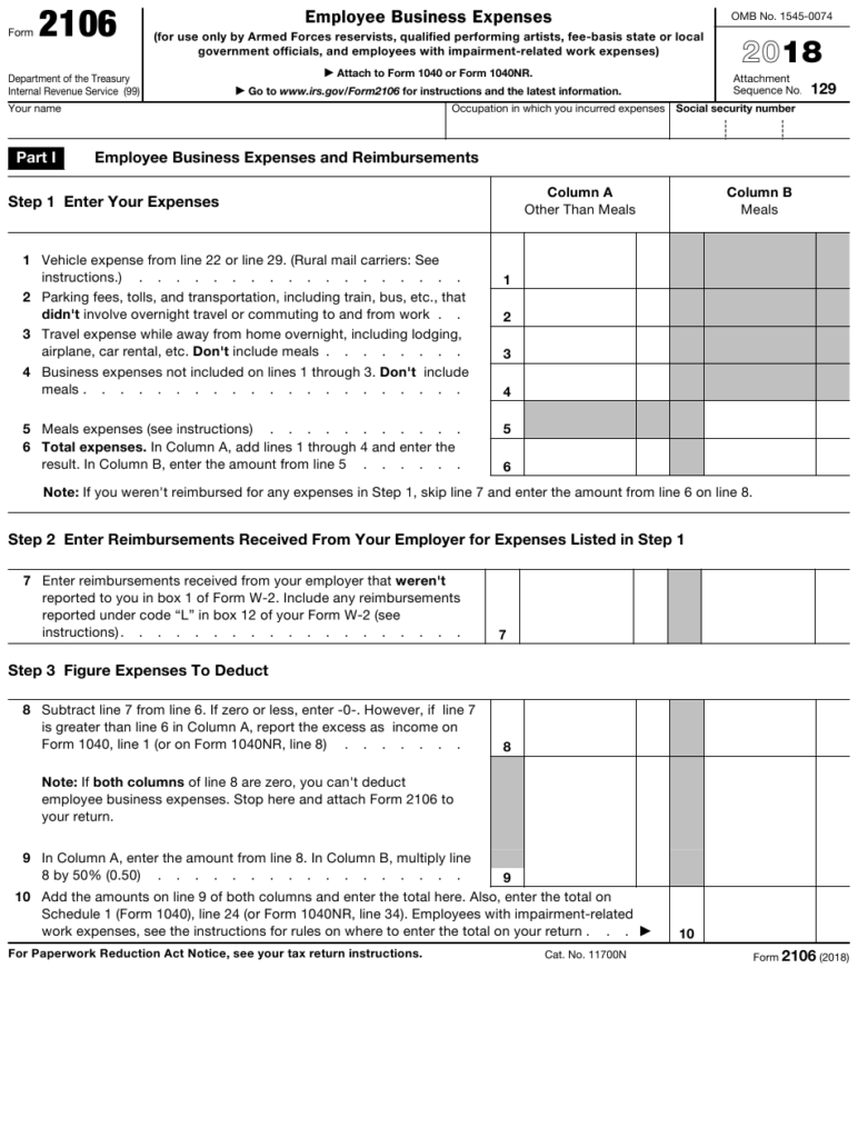 IRS Form 2106 Download Fillable PDF Or Fill Online Employee Business 