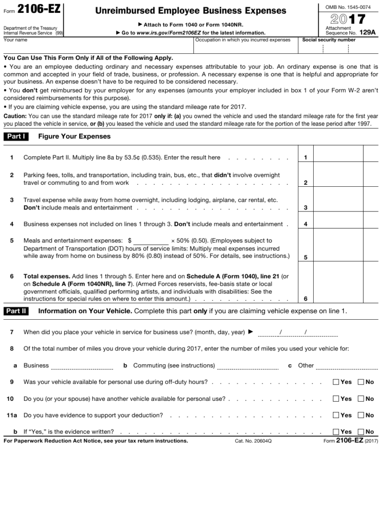 IRS Form 2106 EZ Download Fillable PDF Or Fill Online Unreimbursed 