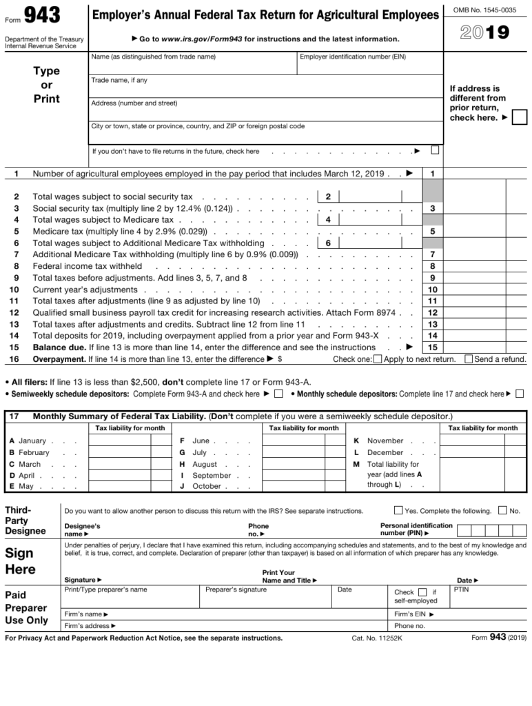 IRS Form 943 Download Fillable PDF Or Fill Online Employer s Annual 