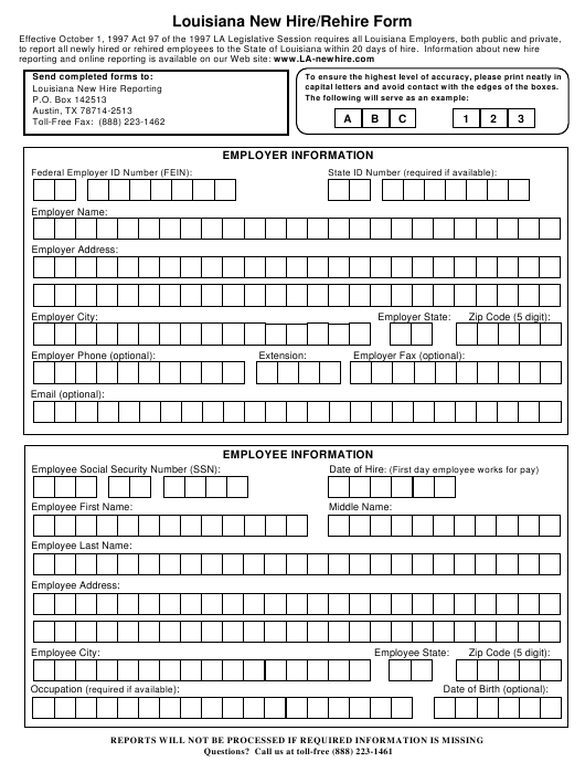 Louisiana Louisiana New Hire Rehire Form Download Printable PDF 