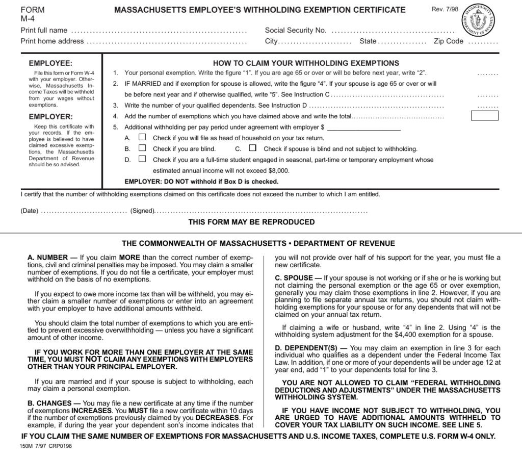 MASSACHUSETTS EMPLOYEE S WITHHOLDING EXEMPTION CERTIFICATE FORM M 4