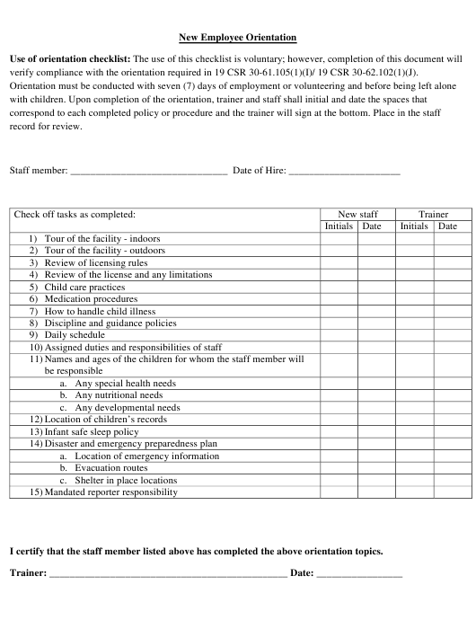 Missouri New Employee Orientation Checklist Download Fillable PDF