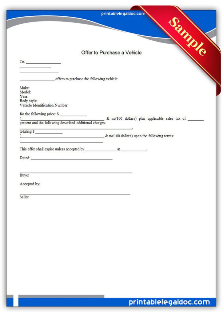 Offer To Purchase A Vehicle Legal Forms Free Printables Letter Sample