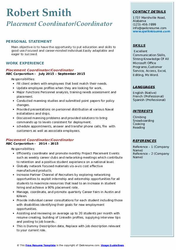 Placement Coordinator Resume Samples QwikResume