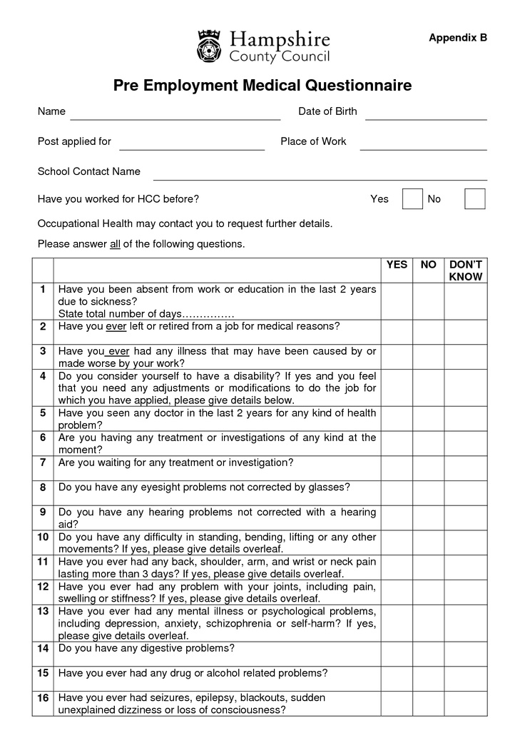 Pre Employment Medical Questionnaire Employment Medical Physics