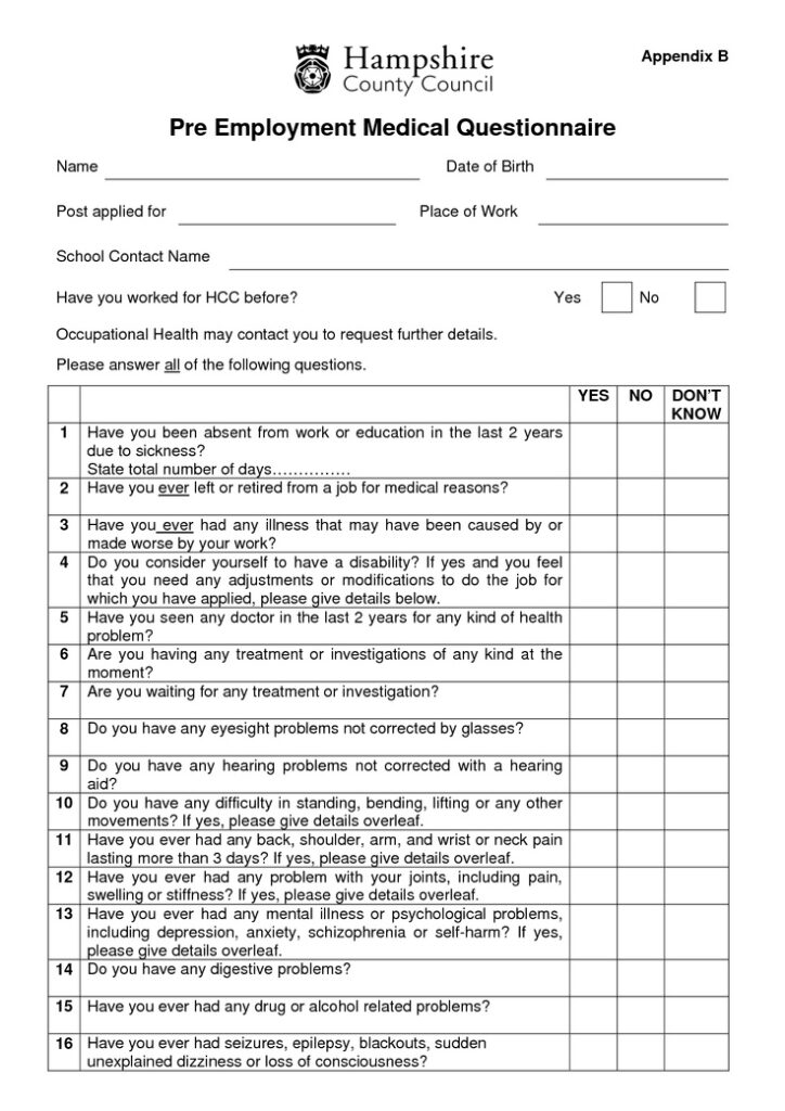 Pre Employment Medical Questionnaire Employment Medical Physics