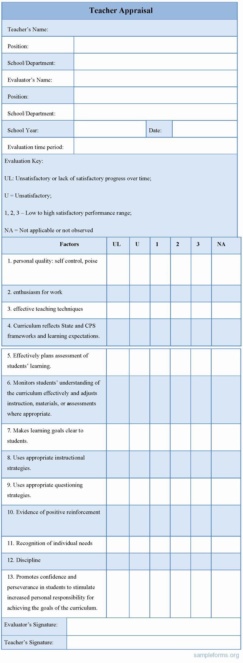 Preschool Teacher Evaluation Forms Luxury Teacher Appraisal Form 