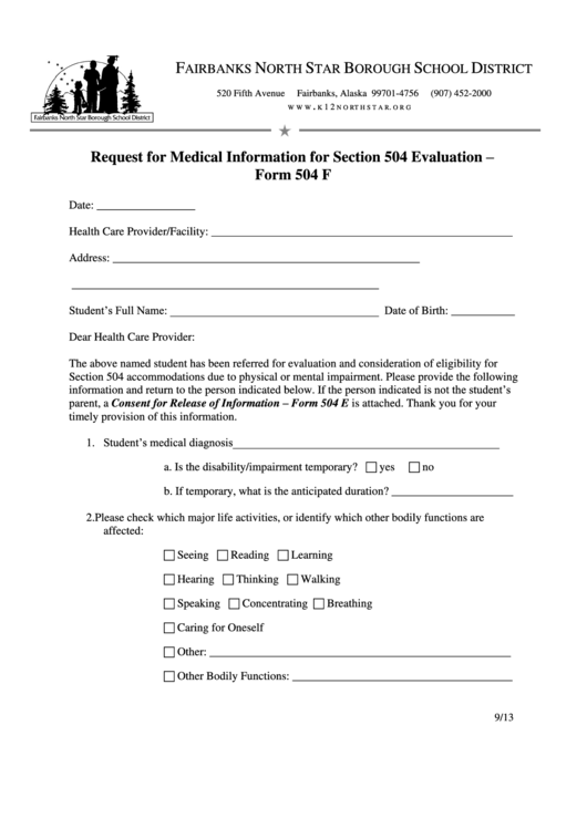 Request For Medical Information For Section 504 Evaluation Form 504 F 