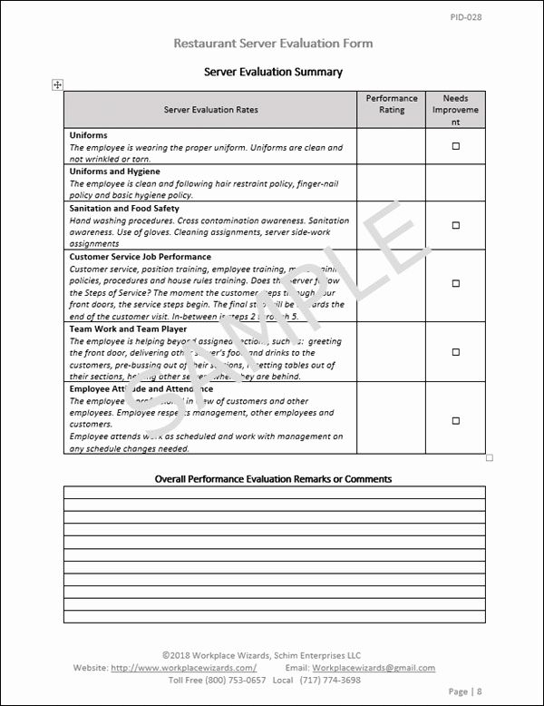 Restaurant Employee Evaluation Form New Waiter Evaluation Form