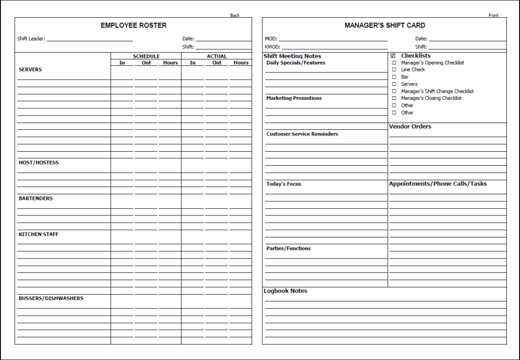 Restaurant Manager s Shift Card