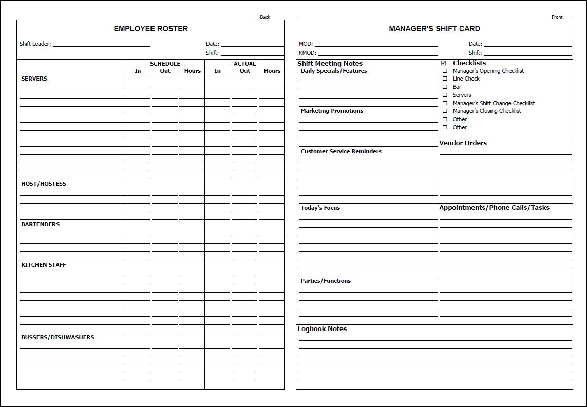 Restaurant Manager s Shift Card