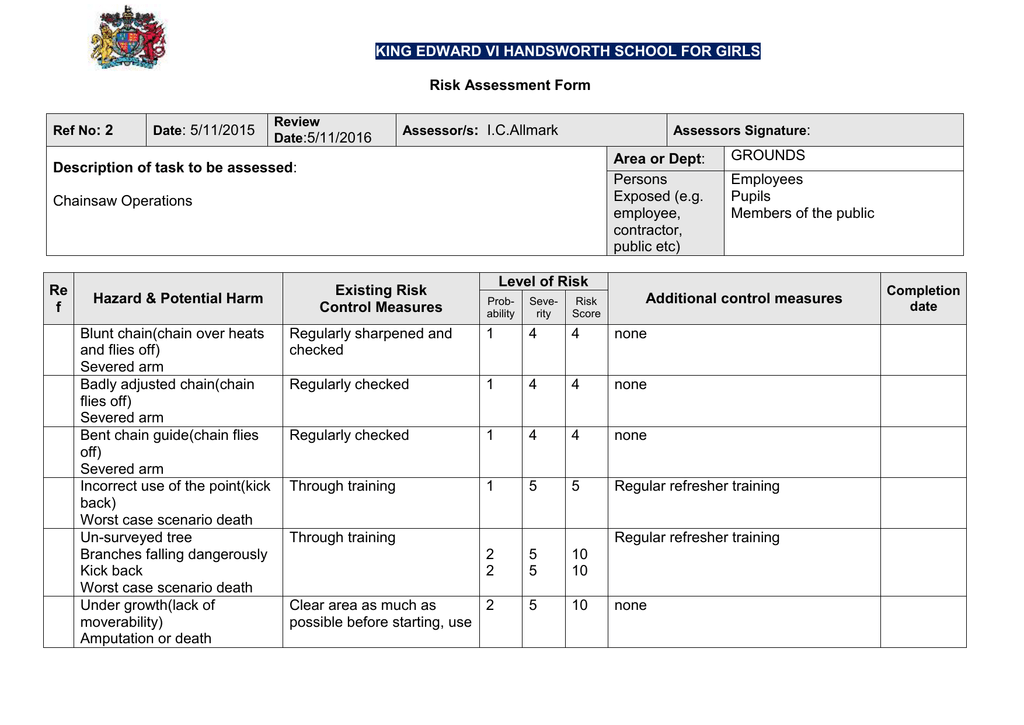 Risk Assessment How To Complete The Form