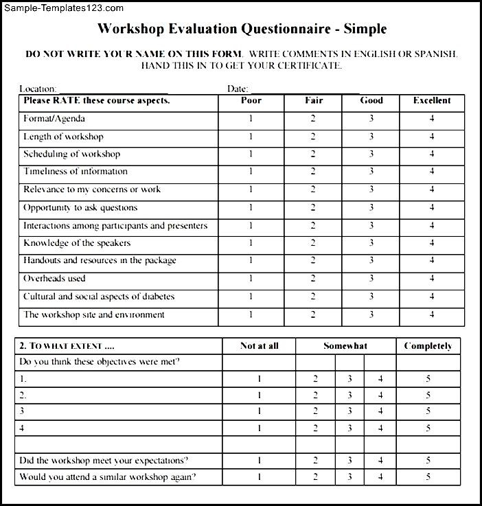 Simple Work Shop Evaluation Form Sample Templates