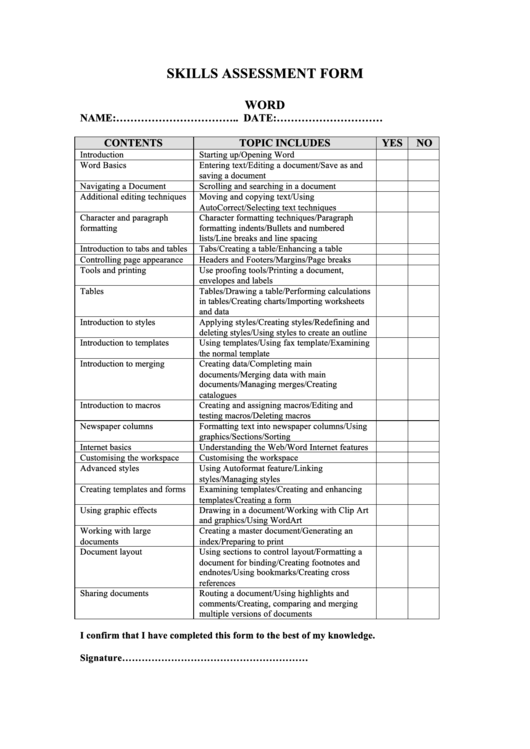 Skills Assessment Form Template Printable Pdf Download