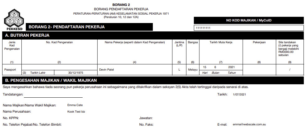 SOCSO Borang 2 Form new Employee Registration Form Payroll 