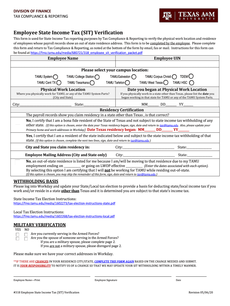 TAMU Employee State Income Tax SIT Verification Packet 2020 Fill