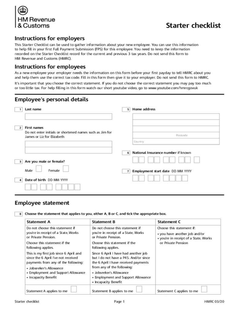 UK HMRC Starter Checklist 2020 Form Printable Blank PDF Online