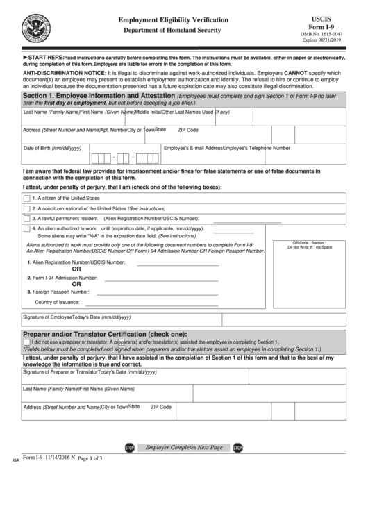 Uscis Form I 9 Employment Eligibility Verification Department Of 