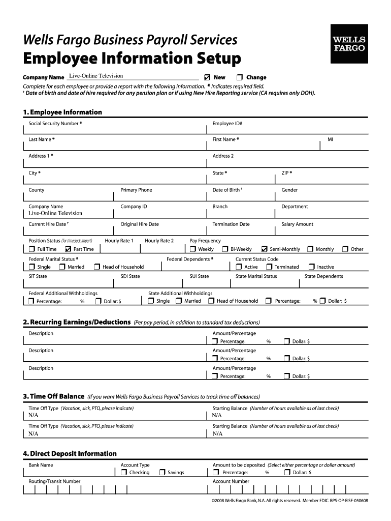 Wells Fargo Business Payroll Services Employee Information Setup Form 