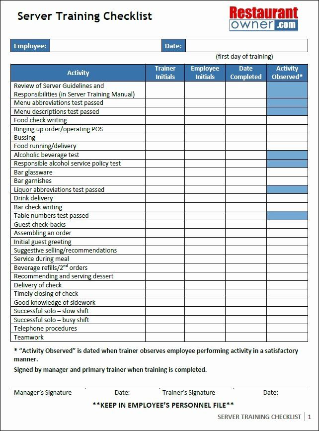 Workshop Planning Checklist New Server Training Checklist Cafe 