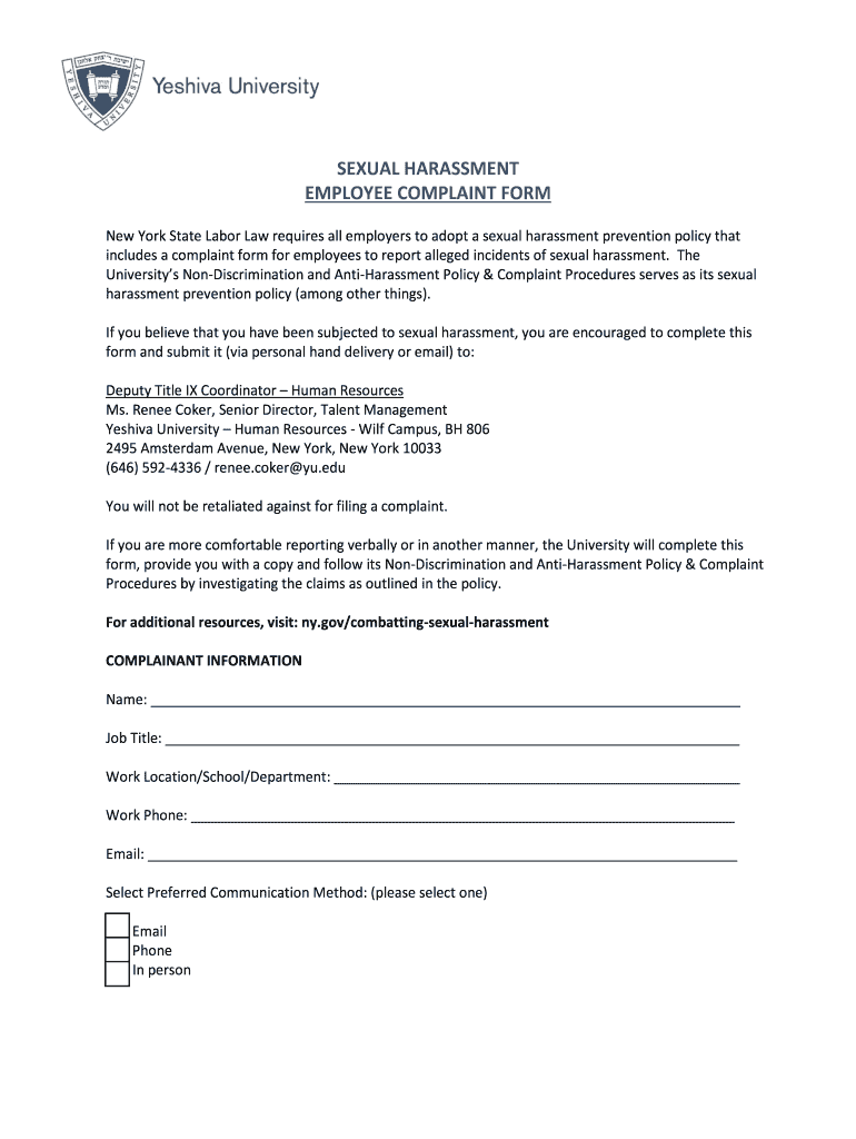 YU Sexual Harassment Employee Complaint Form Fill And Sign Printable 