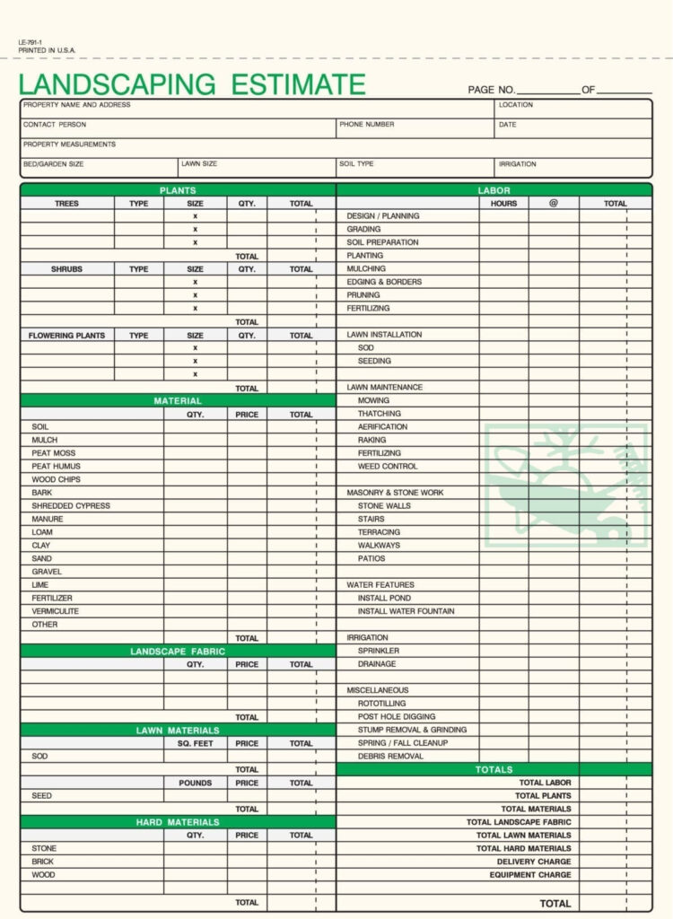 1 Part Landscaping Landscaping Estimate Forms