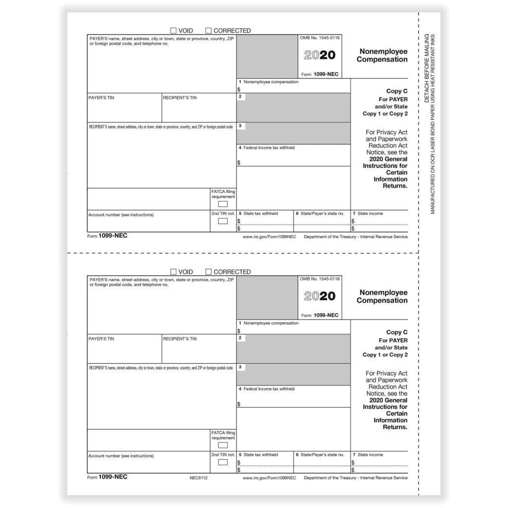 1099 NEC Non Employee Compensation Payer State Copy C Cut Sheet 400 