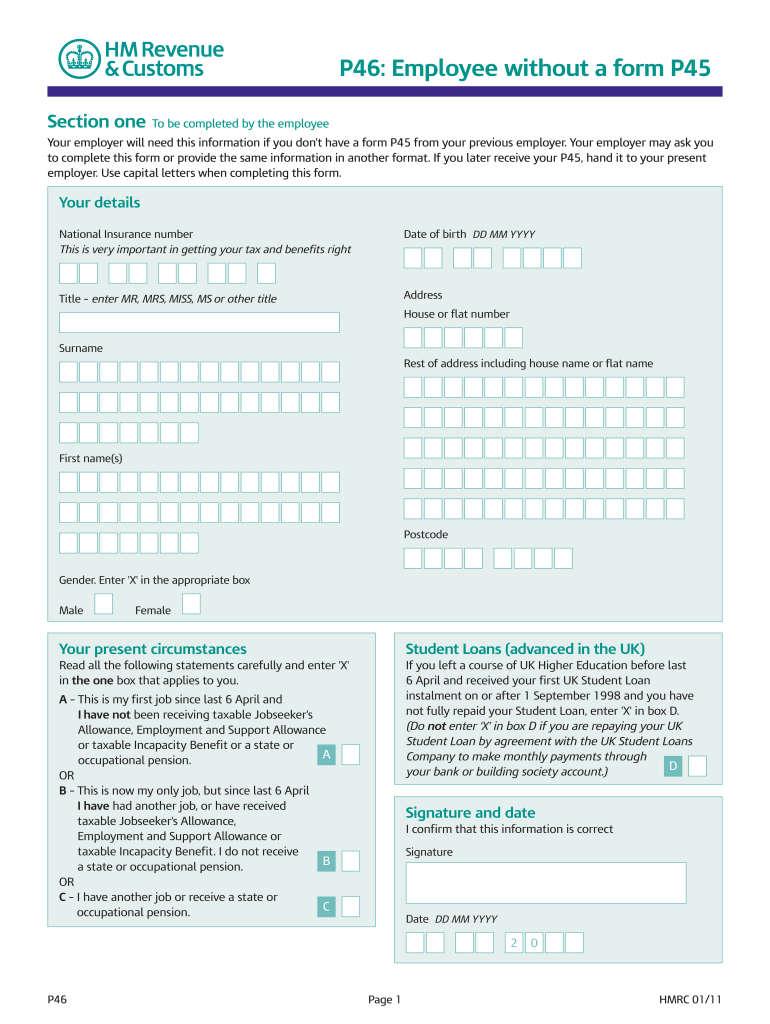 2011 2022 Form UK HMRC P46 Fill Online Printable Fillable Blank 