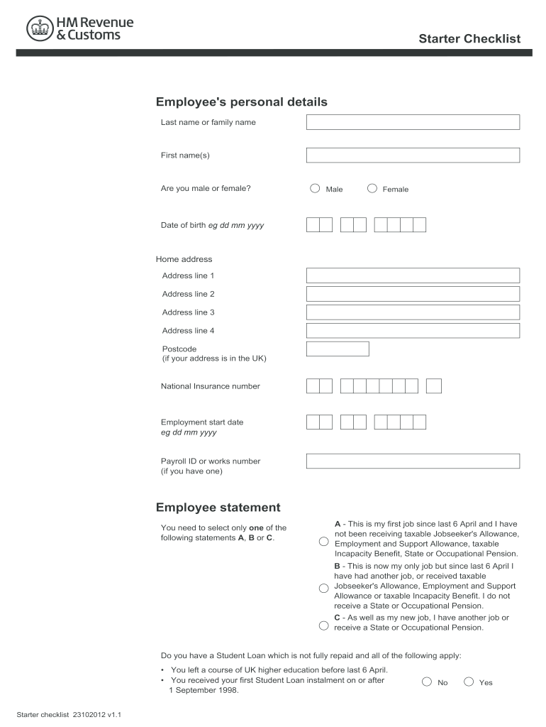 2012 Form UK HMRC Starter Checklist Fill Online Printable Fillable 