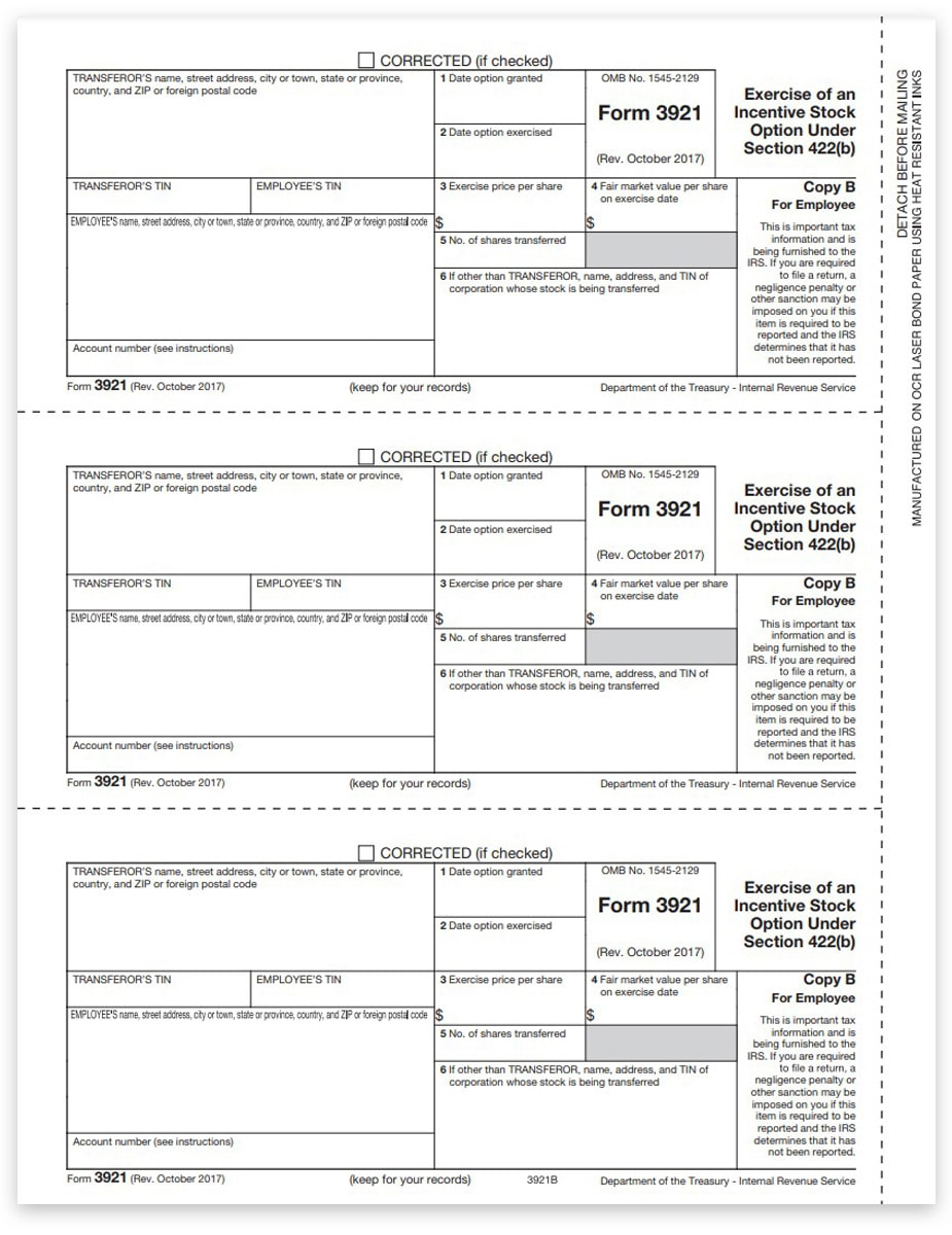 3921 Forms For Incentive Stock Option Employee Copy B DiscountTaxForms