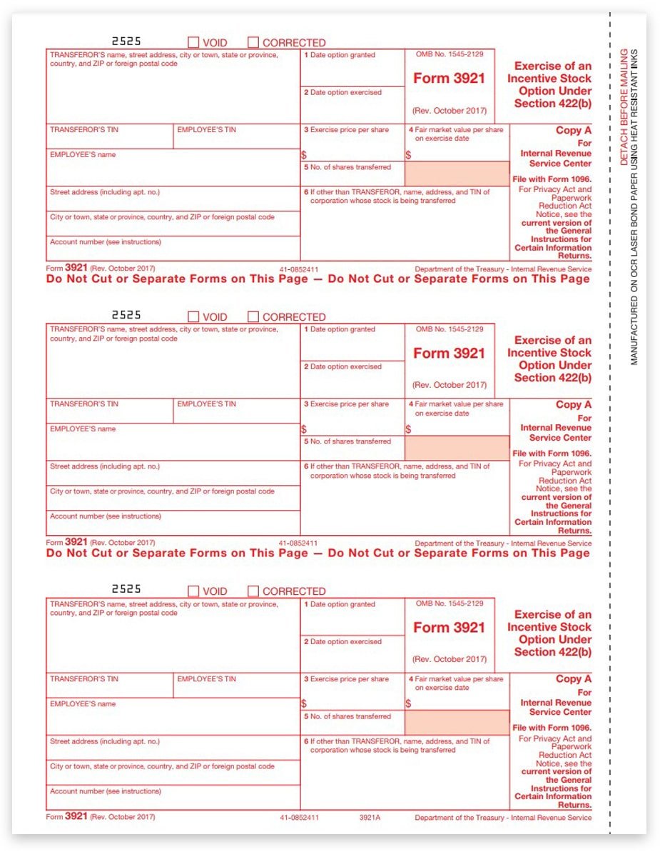 3921 Tax Forms For Incentive Stock Option IRS Copy A DiscountTaxForms