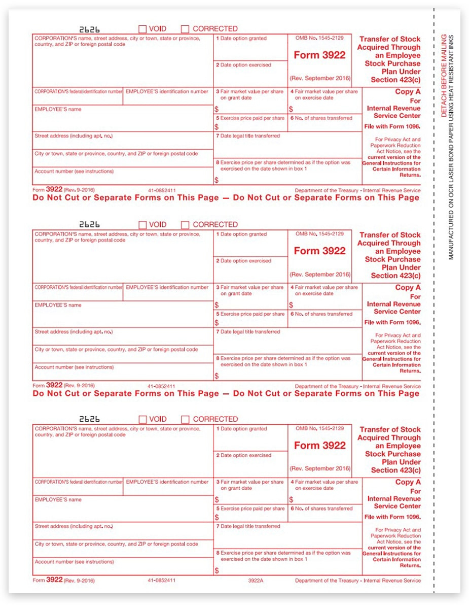 3922 Forms Employee Stock Purchase IRS Copy A DiscountTaxForms