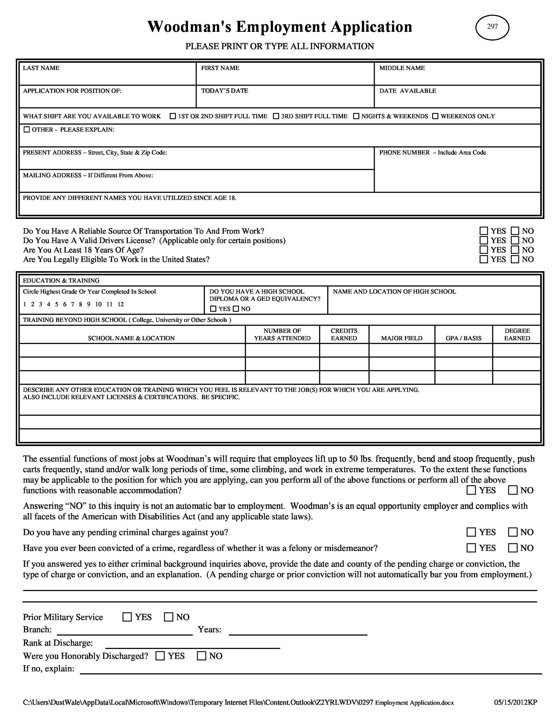 50 Free Employment Job Application Form Templates Printable 