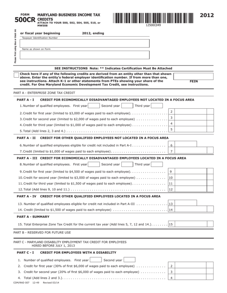 500CR Maryland Tax Forms And Instructions