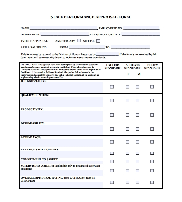 6 Employee Performance Appraisal Form Templates Sample Templates