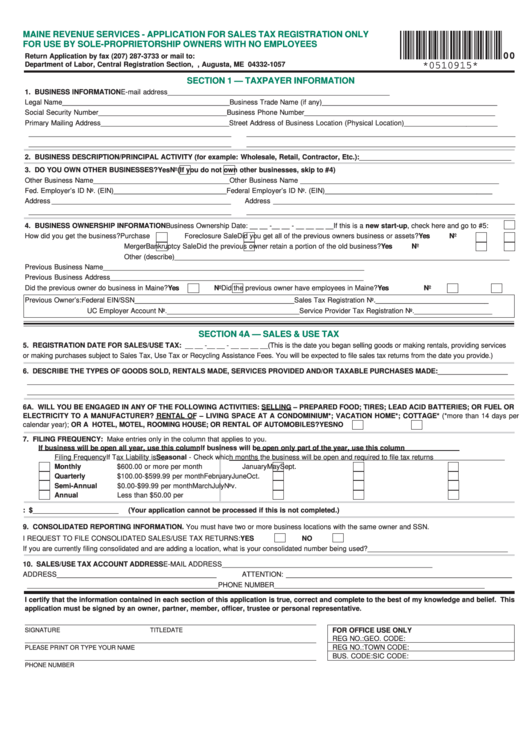 Application For Sales Tax Registration Only For Use By Sole 