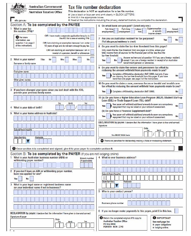 Australia How Much Is My Net Salary Tax TFN Declaration Form Part 1 