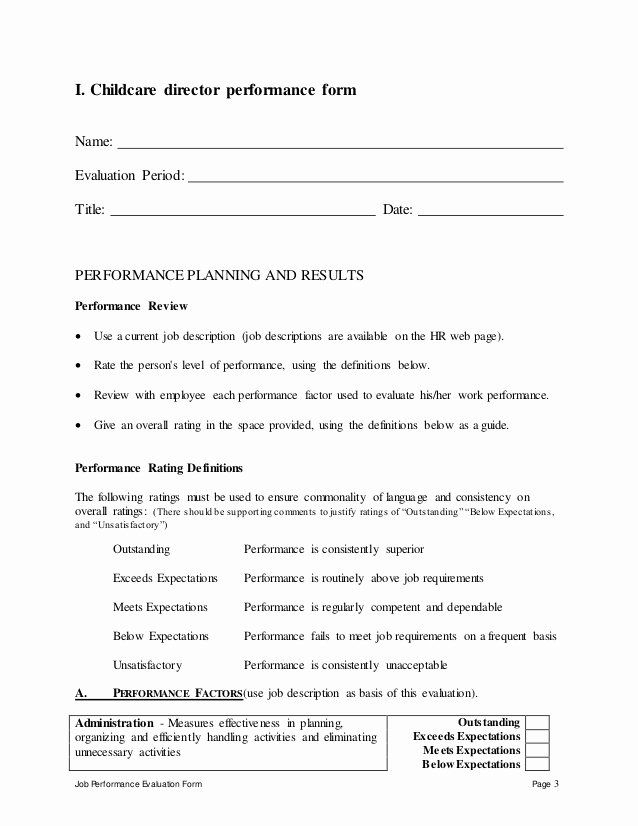 Child Care Staff Evaluation Form New Childcare Director Perfomance 