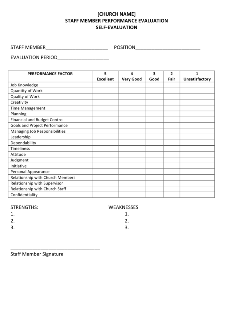 Church Employee Performance Evaluation Form Download Printable PDF 