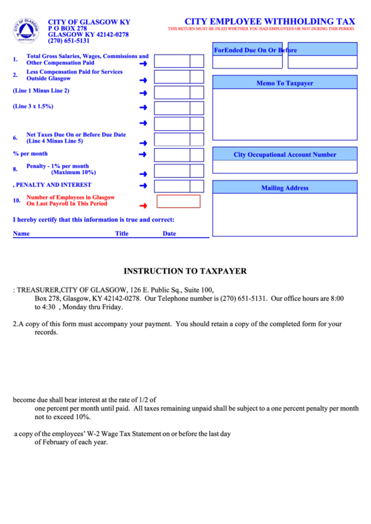 City Employee Withholding Tax Form Printable Pdf Download