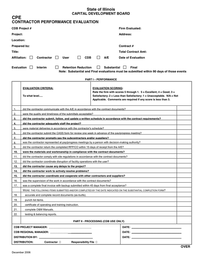 Contractor Performance Evaluation In Word And Pdf Formats