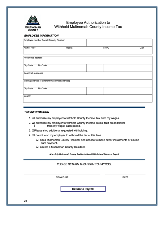 Employee Authorization To Withhold Multnomah County Income Tax Form 