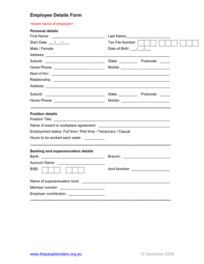 Employee Details Form Template Australia In Word And Pdf Formats