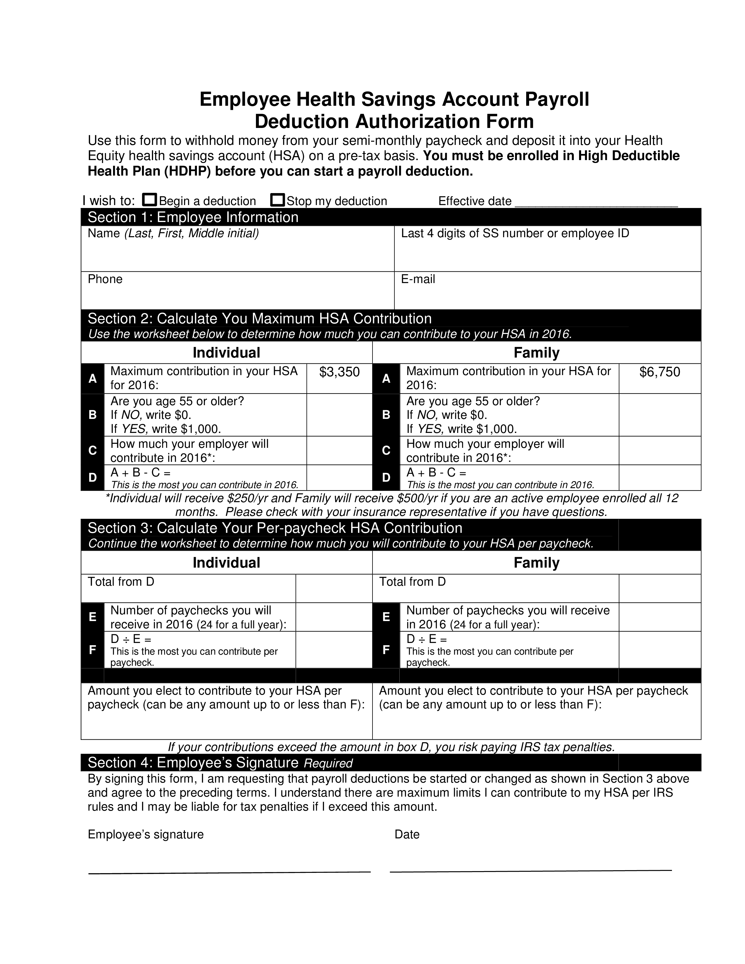 Employee Health Payroll Deduction Form Templates At